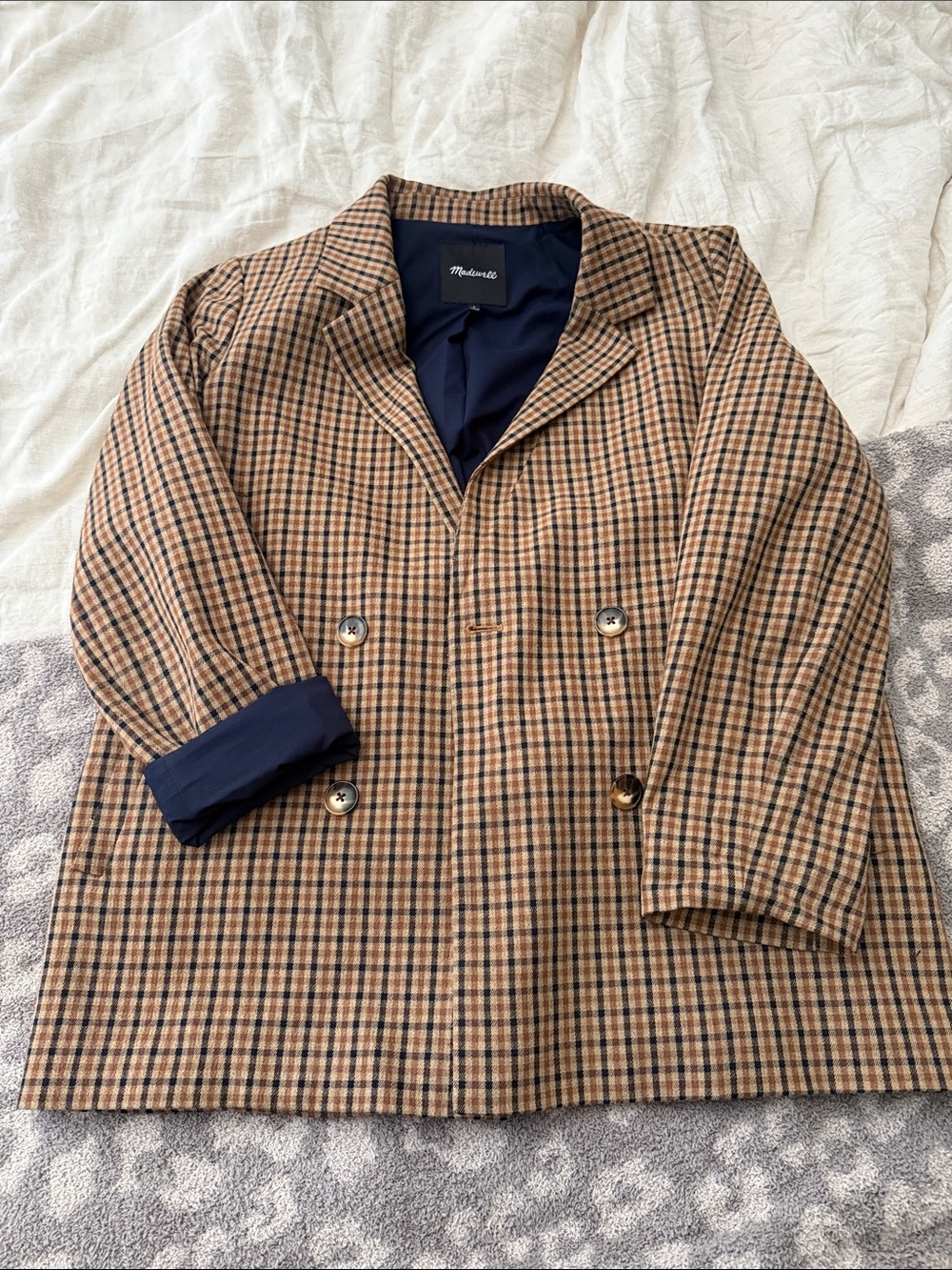 Madewell Tan & Navy Plaid Double-Breasted Blazer